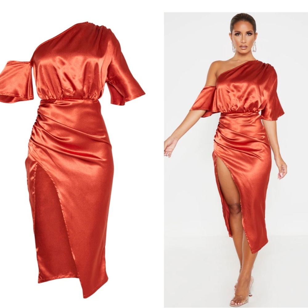 BRAND NEW -One shoulder statin rust dress